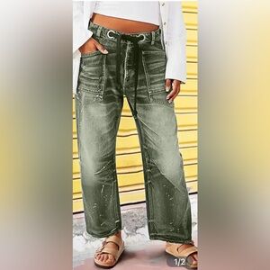 Flamingals Drawstring Grommet Eyelet Mid Waist Barrel Jeans Button Fly Small NWT